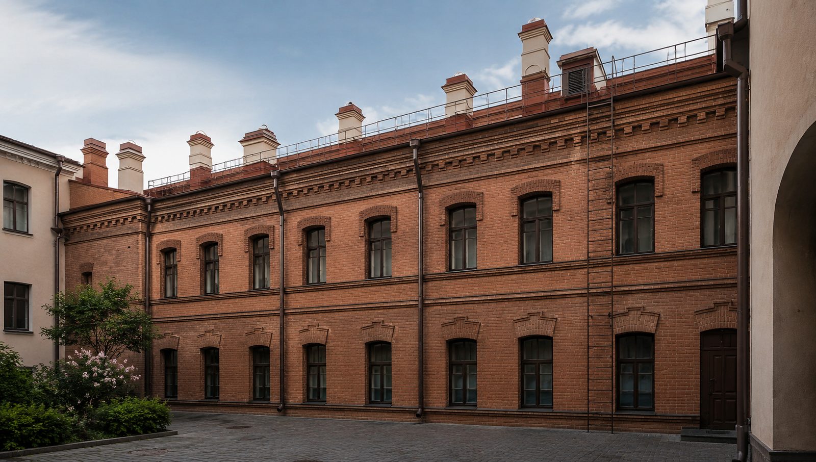 Дворовой кирпичный фасад административно-учебного здания после реконструкции